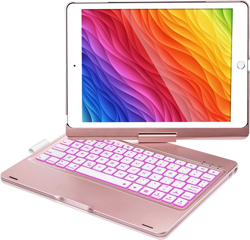 Photo 1 of iPad Keyboard Case for iPad 6th Gen 2018, iPad 5th Gen 2017, iPad Pro 9.7, iPad Air 2, iPad Air 1, 360 Screen Rotation 7 Colors Backlight iPad Case with Keyboard - Rose Gold
