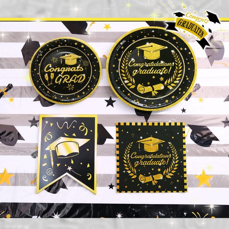 Photo 1 of 50 Black and Gold Graduation Party Decorations Tableware with Dinner and Dessert Plates,Tablecloth,Cups,Flag for College High School