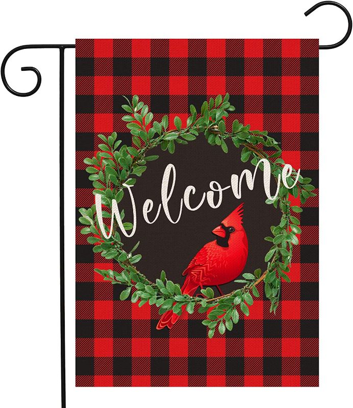 Photo 1 of Cardinal Christmas Garden Flag 12.5 x 18 Inch | Outdoor Christmas Decorations Wreath Welcome Garden Flag | Buffalo Check Plaid Winter Yard Flag Double Sided..., 4 count 