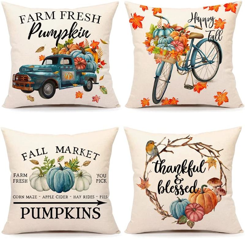 Photo 1 of  Set of 4 Thanksgiving Blue Pumpkin Farmhouse Decorations Thankful Blessed Farm Outdoor Fall Pillows Decorative Throw Cushion Case for Home Couch 