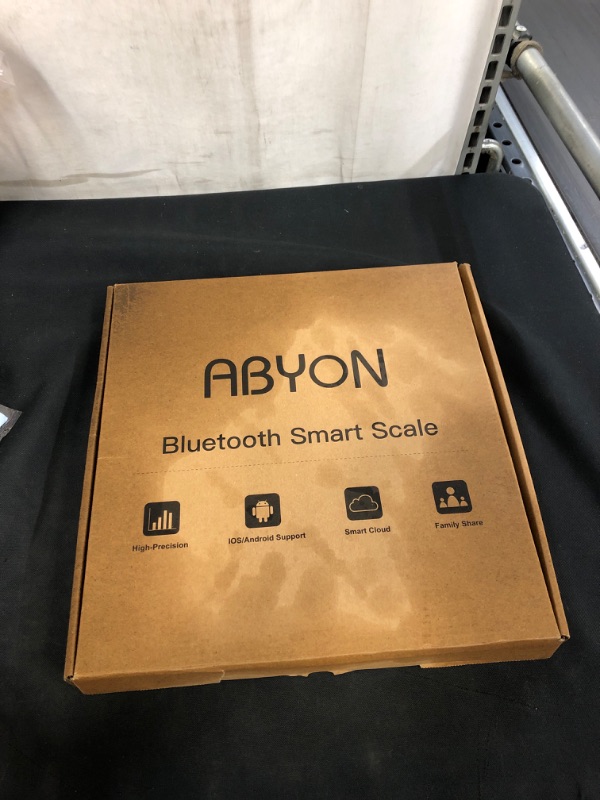 Photo 4 of ABYON Bluetooth Smart Bathroom Scale for Body Weight Digital Body Fat Scale,Auto Monitor Body Weight,Fat,BMI,Water, BMR, Muscle Mass with Smartphone APP,Fitness Health Scale (THE PACKAGING HAS SOME OIL SPILLED ON IT, THE ITEM INSIDE HAS A PLASTIC WRAP AVO