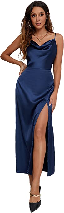 Photo 1 of Aigeman Women's Sexy Spaghetti Straps Backless Maxi Dress Drape Cowl Neck Side Slit Cocktail Party Satin Dresses 72077
, SIZE S 