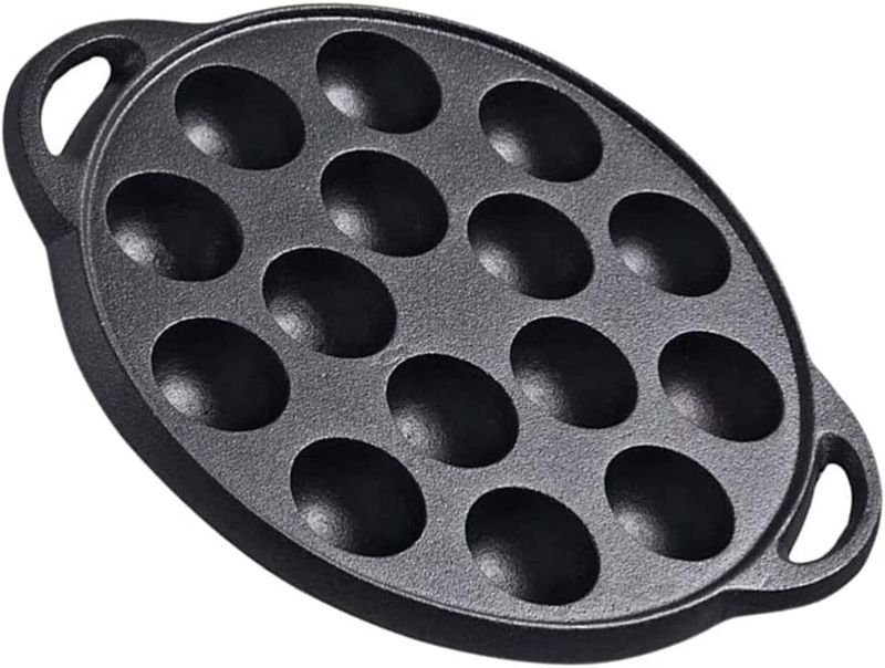 Photo 1 of Cast Iron Stuffed Pancake Pan 15 Holes Takoyaki Pot Uncoated Non-stick Grill Pan Black Round Frying Pan for Pancake 26X21X3cm
