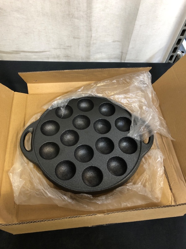 Photo 2 of Cast Iron Stuffed Pancake Pan 15 Holes Takoyaki Pot Uncoated Non-stick Grill Pan Black Round Frying Pan for Pancake 26X21X3cm
