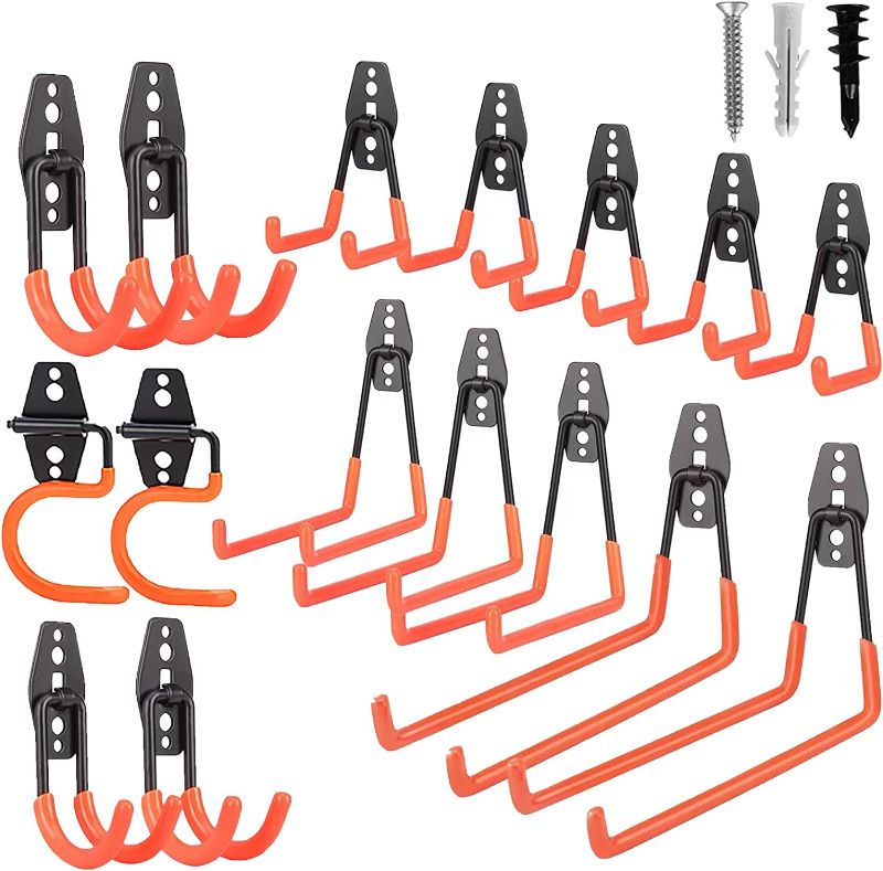 Photo 1 of Dorisy Upgraded 16 Packs Garage Hooks Utility Double Heavy Duty with Mop Broom Holders, Wall Mount Hooks, Garage Storage Organization and Tool Hangers for Power ? Garden Tools, Ladders, Bikes(Orange)
