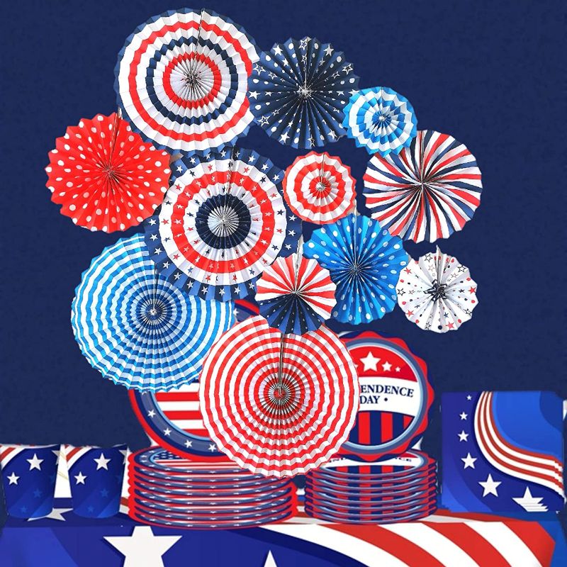 Photo 1 of 4th of July Decorations, 12PCS Paper Fans for USA Patriotic Decorations, Red White Blue Hanging Paper Fans Party Decor, Memorial Day Decorations, Independence Day, 4th of July Decor Party Supplies
