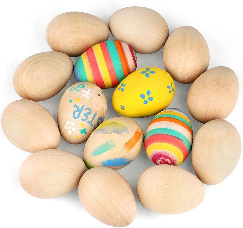 Photo 1 of Fovths Elcoho 15 Packs Unfinished Wooden Easter Eggs Unpainted Easter Eggs Toys Mini DIY Fake Art Craft Eggs with Brushes and Paints for Easter Decorating Party Supplies, Natural
