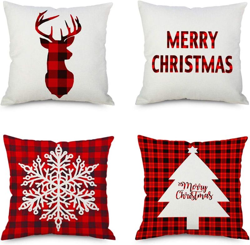 Photo 1 of 18x18 Inches Christmas Throw Pillow Covers, Decorative Outdoor Farmhouse, Merry Christmas Snowflake Xmas Christmas Tree Pillow Case Set of 4
