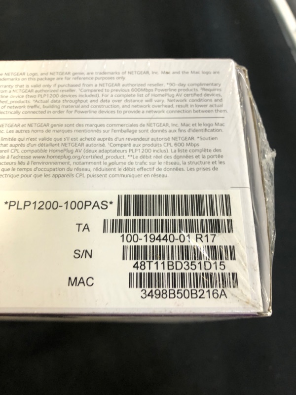 Photo 3 of NETGEAR Powerline adapter Kit, 1200 Mbps Wall-plug, 1.2 Gigabit Ethernet Ports with Passthrough + Extra Outlet (PLP1200-100PAS)
(FACTORY SEALED, SLIGHLTY DAMAGED BOX)