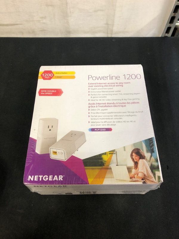 Photo 2 of NETGEAR Powerline adapter Kit, 1200 Mbps Wall-plug, 1.2 Gigabit Ethernet Ports with Passthrough + Extra Outlet (PLP1200-100PAS)
(FACTORY SEALED, SLIGHLTY DAMAGED BOX)