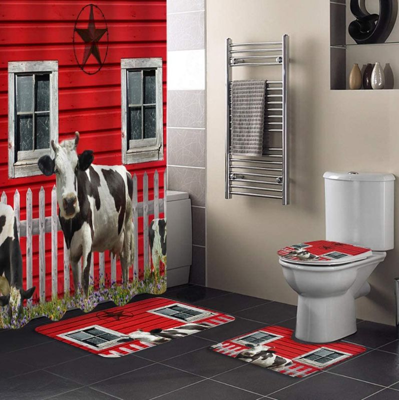 Photo 1 of 4 Piece Shower Curtain Sets with Non-Slip Rug, Toilet Lid Cover, Bath Mat Vintage Red Farmhouse with Cow Old Window and Star Shower Curtain Sets with 12 Hooks for Bathroom
