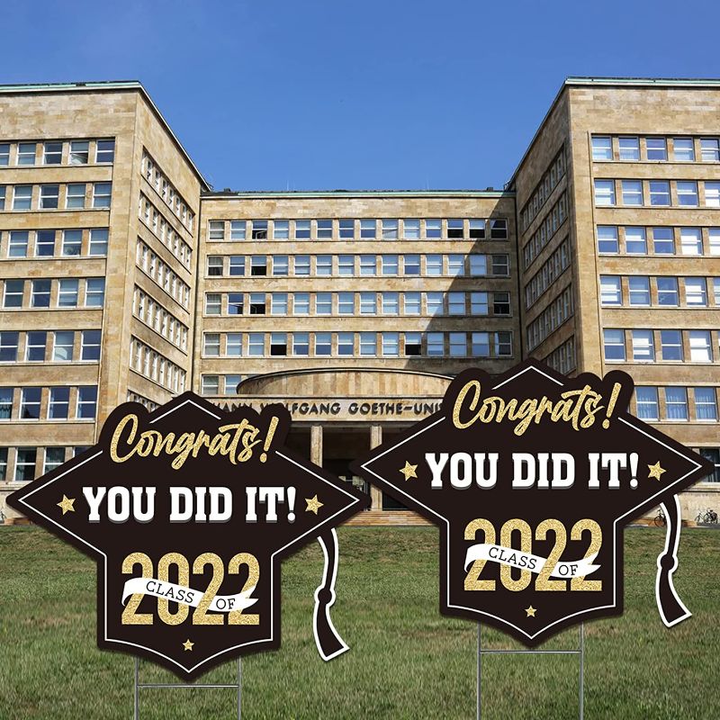 Photo 1 of 2Pcs Class of 2022 Black Gold Outdoor Graduation Yard Decorations & Graduation Signs for Yard- 20”x 16” Happy Graduation Lawn Sign with Stakes
