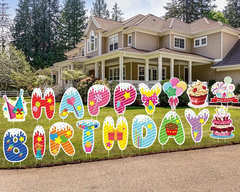 Photo 1 of 18 Pieces Happy Birthday Yard Signs with Stakes Large Happy Birthday Letters Lawn Signs Colorful Weatherproof Corrugated Plastic Signs for Outdoor Party Supplies Decor
