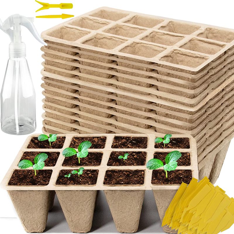 Photo 1 of 120Cells Seedling Start Trays,10 Pack Peat Pots Seedling Pots Biodegradable,Seedling Starter Kit,Organic Germination Plant Starter Trays,Cell Pots with 100 Labels,2 Transplant Tools,1 Spray Bottle
