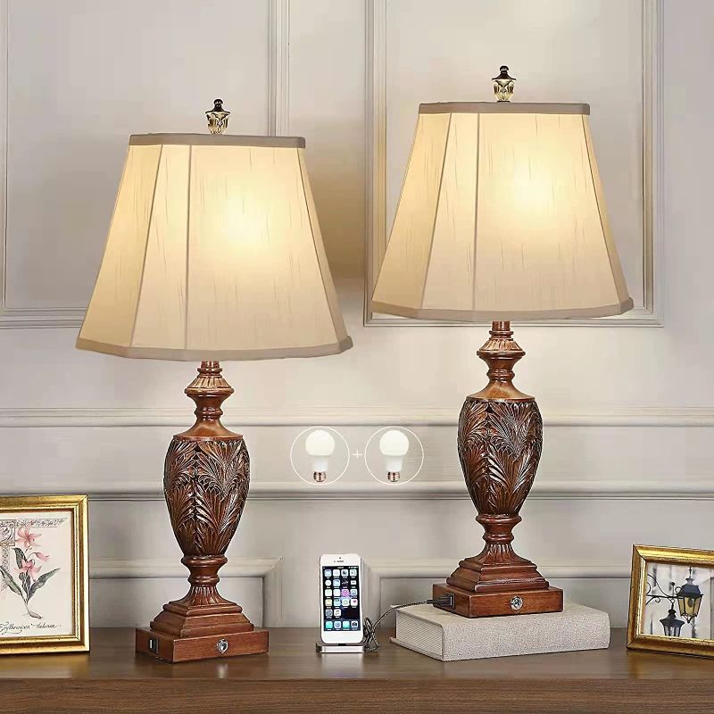 Photo 1 of 29.5"H Touch Control Traditional Table Lamp Set of 2,Vintage Bedside Lamp Nightstand Lamps with Dual USB Ports,3-Way Dimmable Hollow Out Leafwork Bronze Wood Finish Desk Lamps for Living Room,Bedroom
