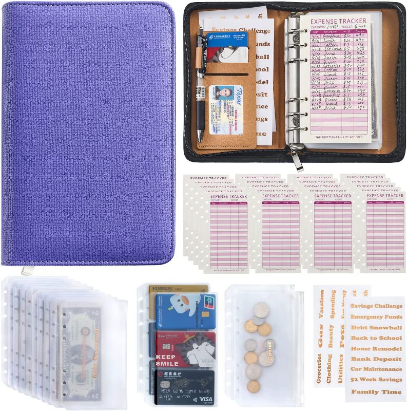 Photo 1 of A6 Budget Binder with Cash Envelopes for Budgeting, 10 Zipless Envelopes for Cash Organizer, 2 Zipper Envelopes for Coins & Receipts, 2 Card Pockets, 20 Budget Sheets, 24 Gold Stickers, Macaron Purple
