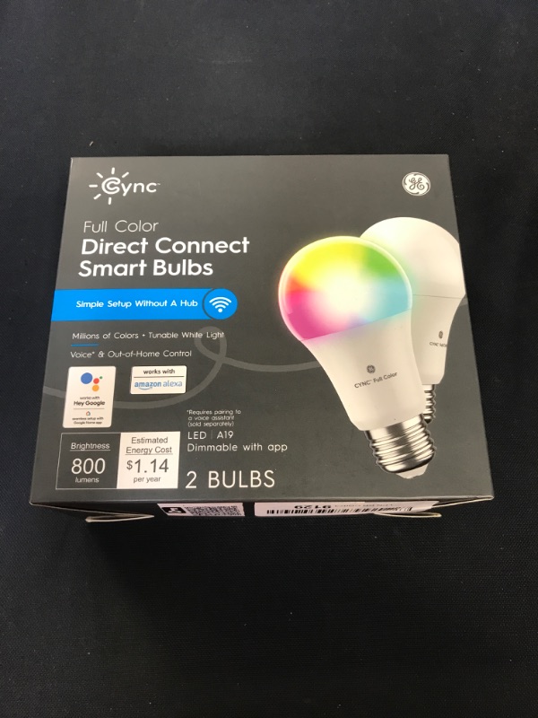 Photo 2 of GE CYNC Smart LED Light Bulbs, Color Changing Lights, Bluetooth and Wi-Fi Lights, Works with Alexa and Google Home, A19 Light Bulbs (2 Pack)
 --- FACTORY SEALED ----