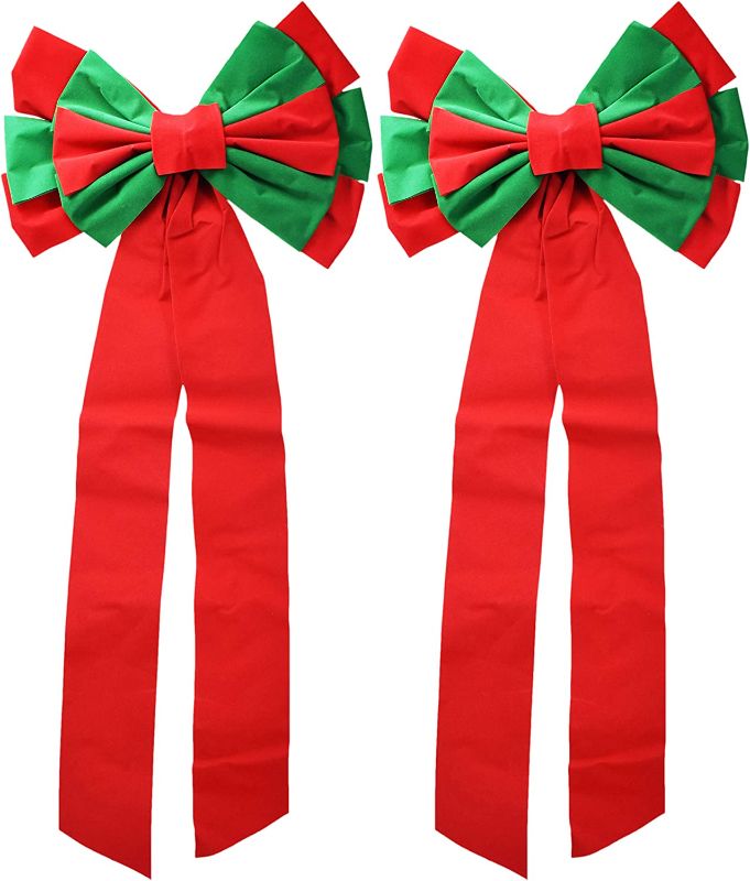 Photo 1 of Black Duck Brand Set of 2 Tall Red and Green Felt Bows - Measures 11" X 28" - Wired Back to Attack to Banisters, Walls, and More - 12 Loops and 2 Tails (2)
