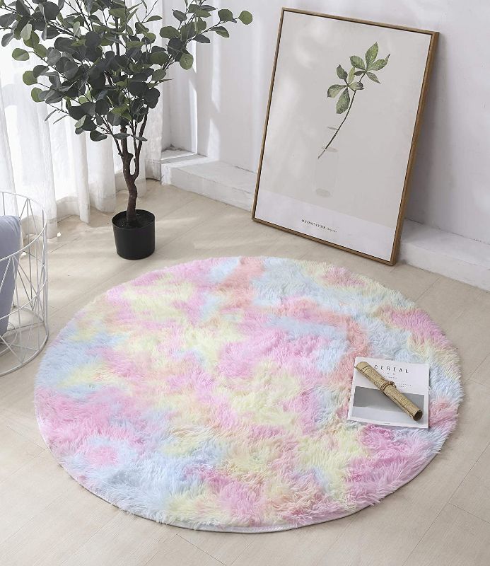 Photo 1 of Botoutin Rainbow Fluffy Shag Area Rug Plush Carpet for Kids Girls Living Room Kids Playroom Round 4 x 4 Feet Nursery for Bedroom Deco Nursery (Round 4x4Feet, Rainbow)
