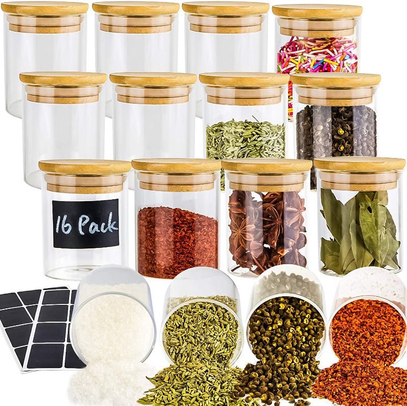 Photo 1 of 16 Pack Glass Jars with Lids, Airtight Bamboo Lids Spice Jars Set For Spice, Coffee, Beans, Candy, Nuts, Herbs, Dry Food Canisters (Extra Chalkboard Labels) - 6.5 oz Clear
