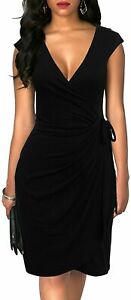 Photo 1 of Generic  Women's Vintage V-Neck Sheath Casual Party Work Faux Black Wrap Dress--Chinese Size M