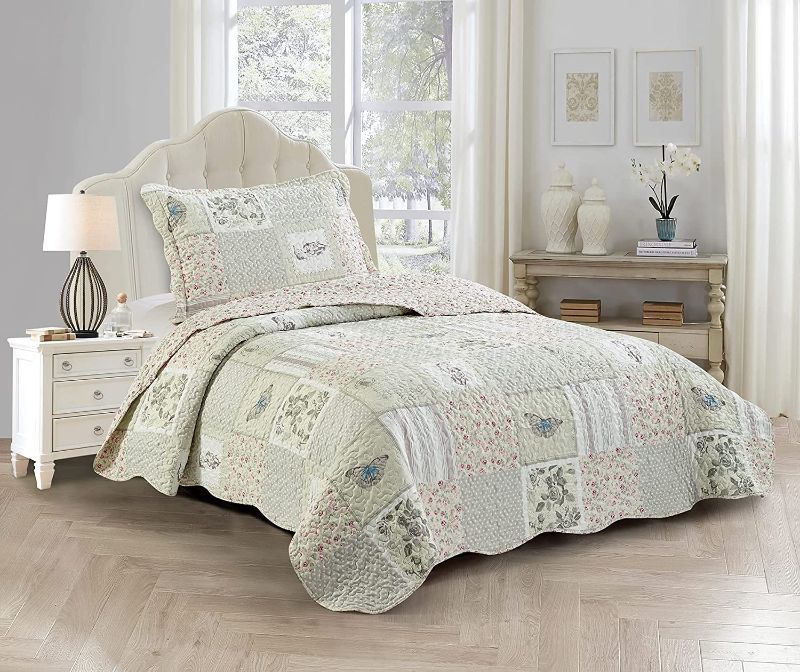 Photo 1 of Brilliant Sunshine Grey Angel and Pink Rose Patchwork, 2-Piece Quilt Set with 1 Sham, Reversible Bedspread, Soft Lightweight Coverlet, All-Season,  Pink Grey   108 X 90