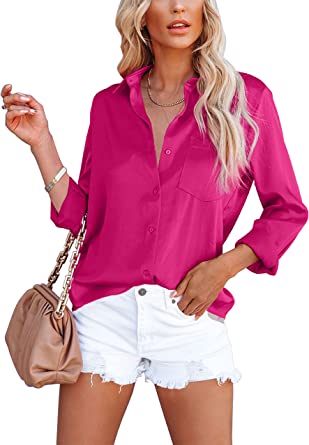 Photo 1 of OMSJ Women's Button Down Shirts Satin V Neck Long Sleeve Casual Work Blouse Tops with Pocket
Size: XL