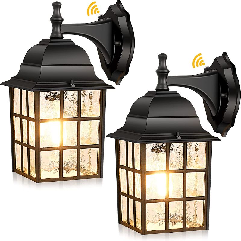 Photo 1 of 2-Pack Dusk to Dawn Outdoor Wall Lantern, Exterior Light Fixtures Wall Mount with Photocell Sensor, Black Wall Light Waterproof, Waterfall Glass Outside Wall Sconce for Porch House Garage
