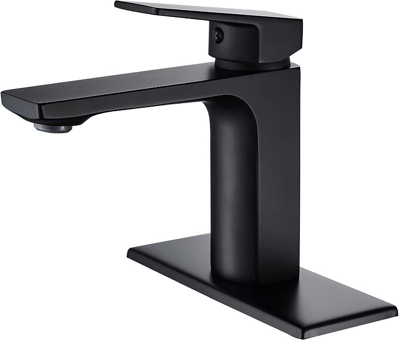 Photo 1 of Black Bathroom Faucet Single Handle Faucet for Bathroom Sink RV Vanity Sink Faucets Modern One Hole Bathroom Faucet with 6" Deck Plate and Faucet Supply Lines, 1.2 GPM
