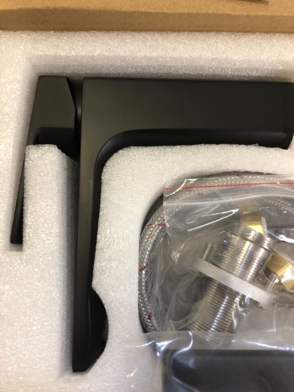 Photo 1 of Black Bathroom Faucet Single Handle Faucet for Bathroom Sink RV Vanity Sink Faucets Modern One Hole Bathroom Faucet with 6" Deck Plate and Faucet Supply Lines, 1.2 GPM
