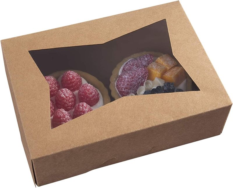 Photo 1 of 8inch Brown Cookie Boxes with Window,Small Auto-Popup Bakery Boxes for Muffins and Pastry, Kraft Cardboard Clear Lid Dessert Strawberries Dessert Packaging 8x5.75x2.5, 15 PIECES 

