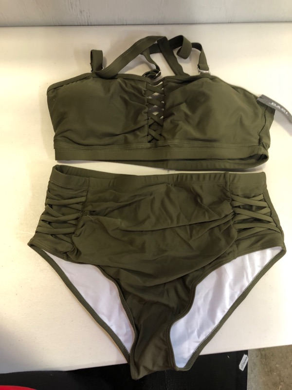 Photo 2 of Daci Women Plus Size Two Piece Bikini Swimsuit High Waisted Bottom Ruched Lace Up Bathing Suit (Size XL)
