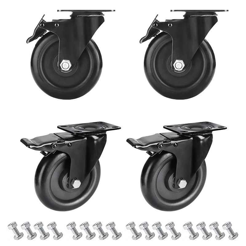 Photo 1 of 5 inch Swivel Caster Wheels Heavy Duty 1800LBS Capacity with Safety Dual Caster, 4 Pack All with Brake No Noise Lockable Wheels (Black)  --Missing Hardware --
