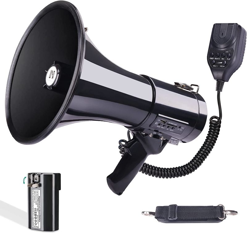 Photo 1 of  50W Professional Bluetooth Megaphone Bullhorn Speaker with Detachable Microphone-Rechargeable Battery&Portable Strap-Siren and 260S Recording-USB/SD/AUX Input-for Police, Cheerleading, Outdoor
