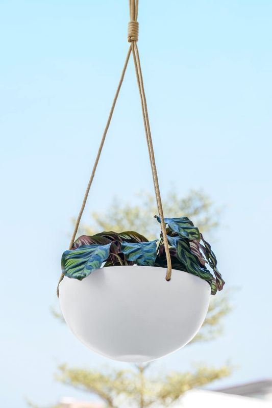 Photo 1 of  Ceramic Hanging Planter for Indoor Outdoor, Shallow 9" and Deep 6" Hanging Plant Pots Geometric Porcelain Hanging Basket with Polyester Rope for Herbs Ferns Ivy Home Decor Gift,
