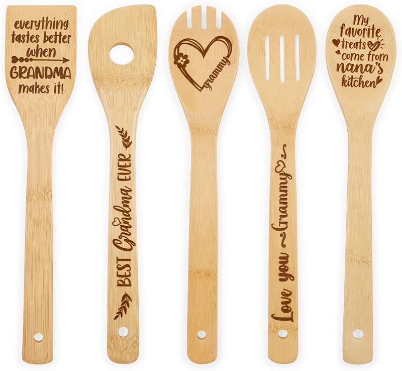 Photo 1 of 5PCS Grandma Gifts Wooden Spoons Mother's Day Thankful Christmas Birthday Gifts Nana Non-Stick Organic Bamboo Kitchen Cooking Spatula Laser Engraved Wooden Utensils for Grandparent's Day
