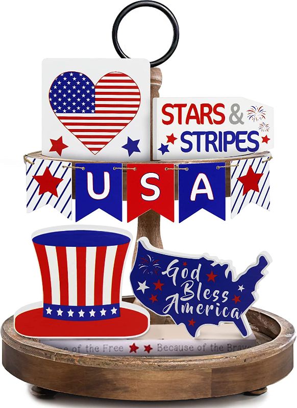 Photo 1 of 5 PCS 4th of July Tiered Tray Decor (Tray Not Included) - 4Pcs Patriotic Mini Wood Block Bundle, 1Pc USA Mini Wooden Sign Banner - Fourth of July Gift, Veterans Day, Memorial Day Home Decor
