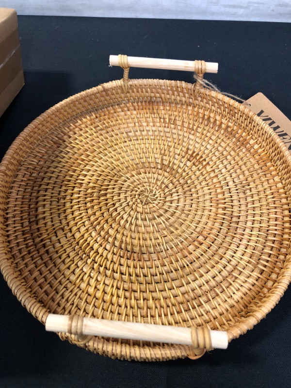Photo 2 of YIWEN Handmade Round Rattan Serving Tray with Handles Woven Baskets