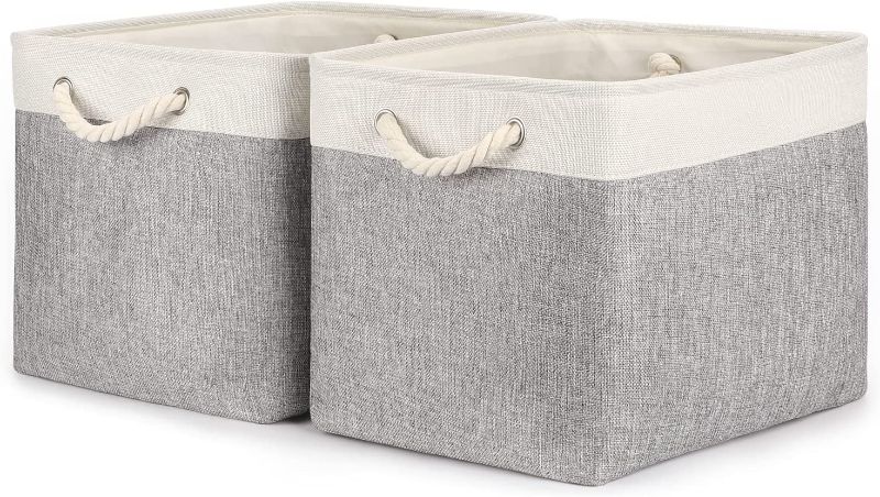 Photo 1 of Bidtakay Baskets Set of 2 Shelf Baskets for Clothes 16" X 11.8" X 11.8" Collapsible Canvas Linen Storage Basket with Handles Large Storage Bins Fabric Baskets for Organizing, Closet(White&Grey)