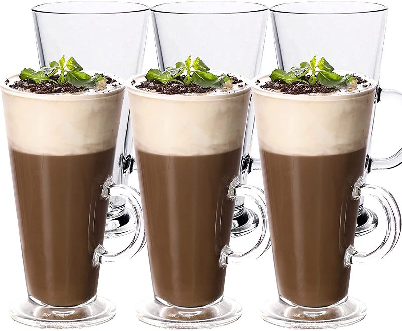 Photo 1 of *****MISSING 1 GLASS****-----WUWEOT 6 Pack Tall Irish Coffee Mugs, 9 OZ Clear Milkshake Glass Latte Cups, Colombian Glass Cappuccino and Hot Chocolate Mugs with Handle for Coffee, Tea, Water, Juice, Beer, Milk Hot And Cold Drinks(missing one)
