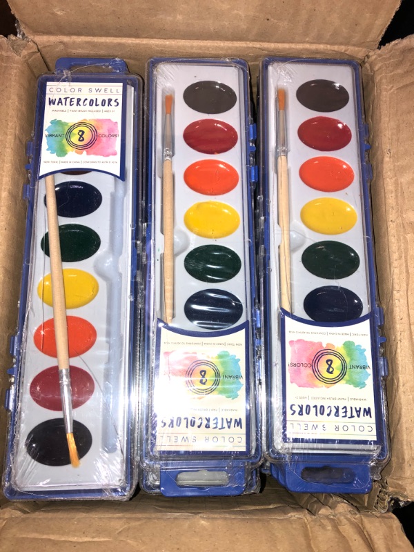 Photo 2 of 36 Set Watercolor Paint Pack with Quality Wood Brushes 8 Colors Washable Water Colors Perfect for Kids Adults Parties Students Classroom Bulk by Color Swell