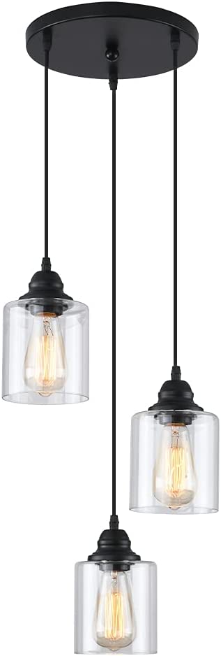 Photo 1 of 3-Lights Industrial Pendant Light with Glass Shade Matte Black Pendant Lighting Adjustable Industrial Retro Style Hanging Light Fixture for Kitchen, Farmhouse