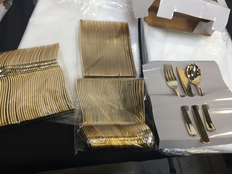 Photo 2 of 120 Pieces Gold Plastic Silverware- Disposable Flatware Set-Heavyweight Plastic Cutlery- Includes 40 Forks, 40 Spoons, 40 Knives -WDF
