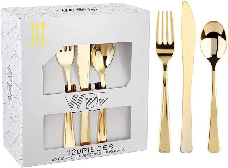 Photo 1 of 120 Pieces Gold Plastic Silverware- Disposable Flatware Set-Heavyweight Plastic Cutlery- Includes 40 Forks, 40 Spoons, 40 Knives -WDF
