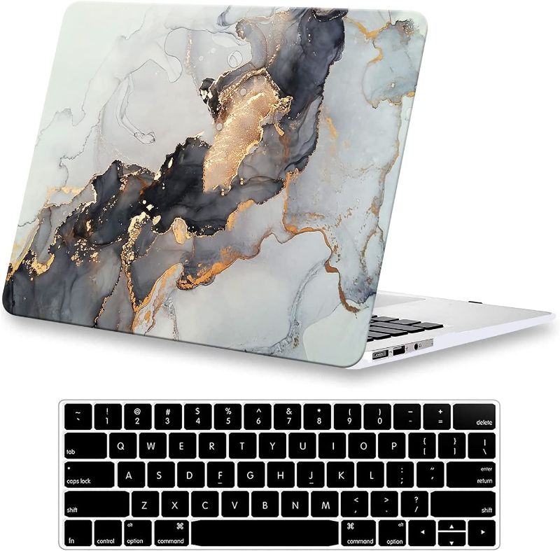 Photo 1 of KEROM Compatible with MacBook Pro 16 inch Case 2021 Release A2485 with M1 Pro/M1 Max Chip, Plastic Hard Shell Logo Cutout Case & Keyboard Cover, Blue Gold Marble
