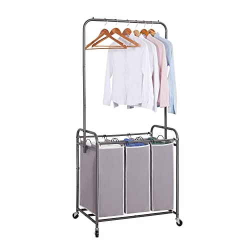 Photo 2 of  Laundry Sorter with Hanging Bar, Laundry Hamper Cart with Heavy Duty Rolling Lockable Wheels and Removable Bags, Rolling Laundry Basket Organizer, 3 Section