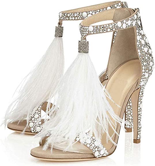 Photo 1 of Hinyyrin Women's Tassels Rhinestone Heeled Sandals Wedding Dress White Sandals Stiletto Heel Pearl Size 10.5