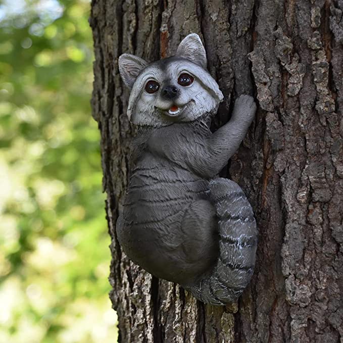 Photo 1 of  Tree Hugger Sculpture Garden Statues - Raccoon Up a Tree Garden Peeker - Gifts and Outdoor Decor Statue Face for Trees, 9.4" x 5.3" (Gray Raccoon)