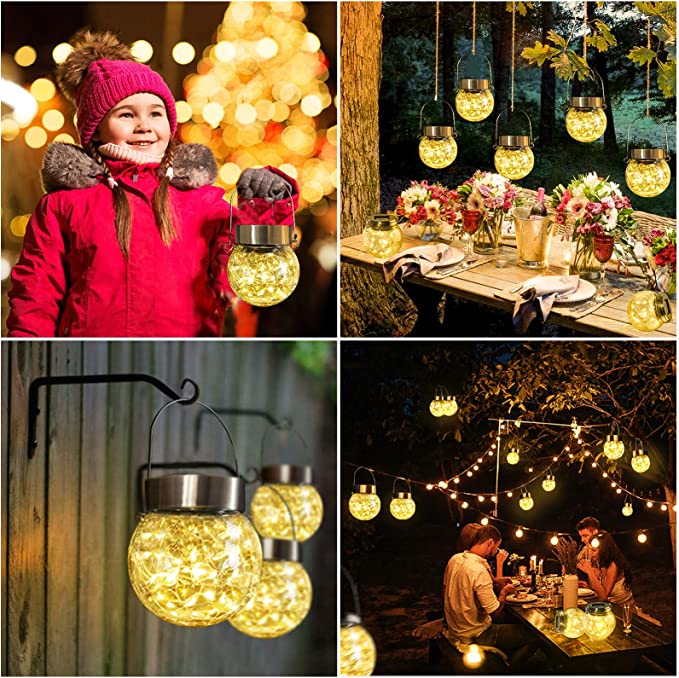Photo 1 of 8 Pack Solar Hanging Lights Outdoor, Cracked Glass Solar Ball LED Lights, Solar Powered Globe Lights Waterproof with Handle for Patio, Tree, Yard, Holiday, Solar Garden Lights (Warm White)