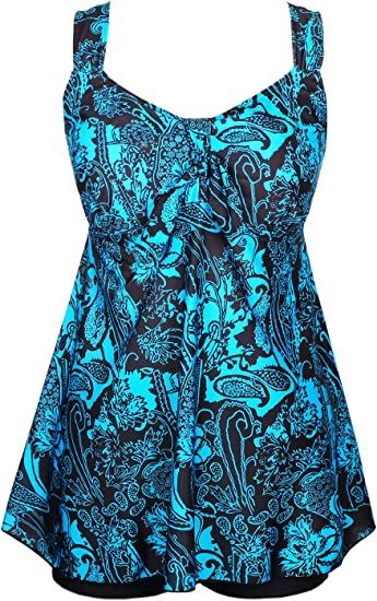 Photo 1 of DANIFY Plus Size Swimsuit for Women Tankini Swimdress Tummy Control Swimwear Two Piece Bathing Suit Cover up Swim Dress Size - 60 
